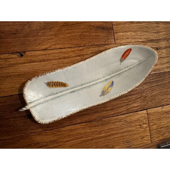 Vintage Italian Ceramic Hand Painted Glazed Feather Decorative Desk Trinket Tray - Picture 1 of 5